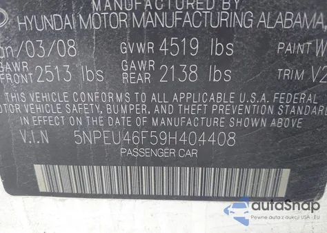 2009 Hyundai Sonata Limited V6 from USA, damaged, VIN 5NPEU46F59H404408